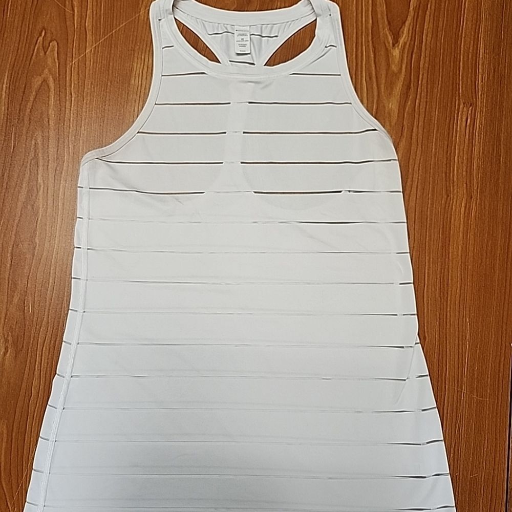 Athleta Women High Neck Shadow Stripe Chi Tank Top Light Gray Sz XS